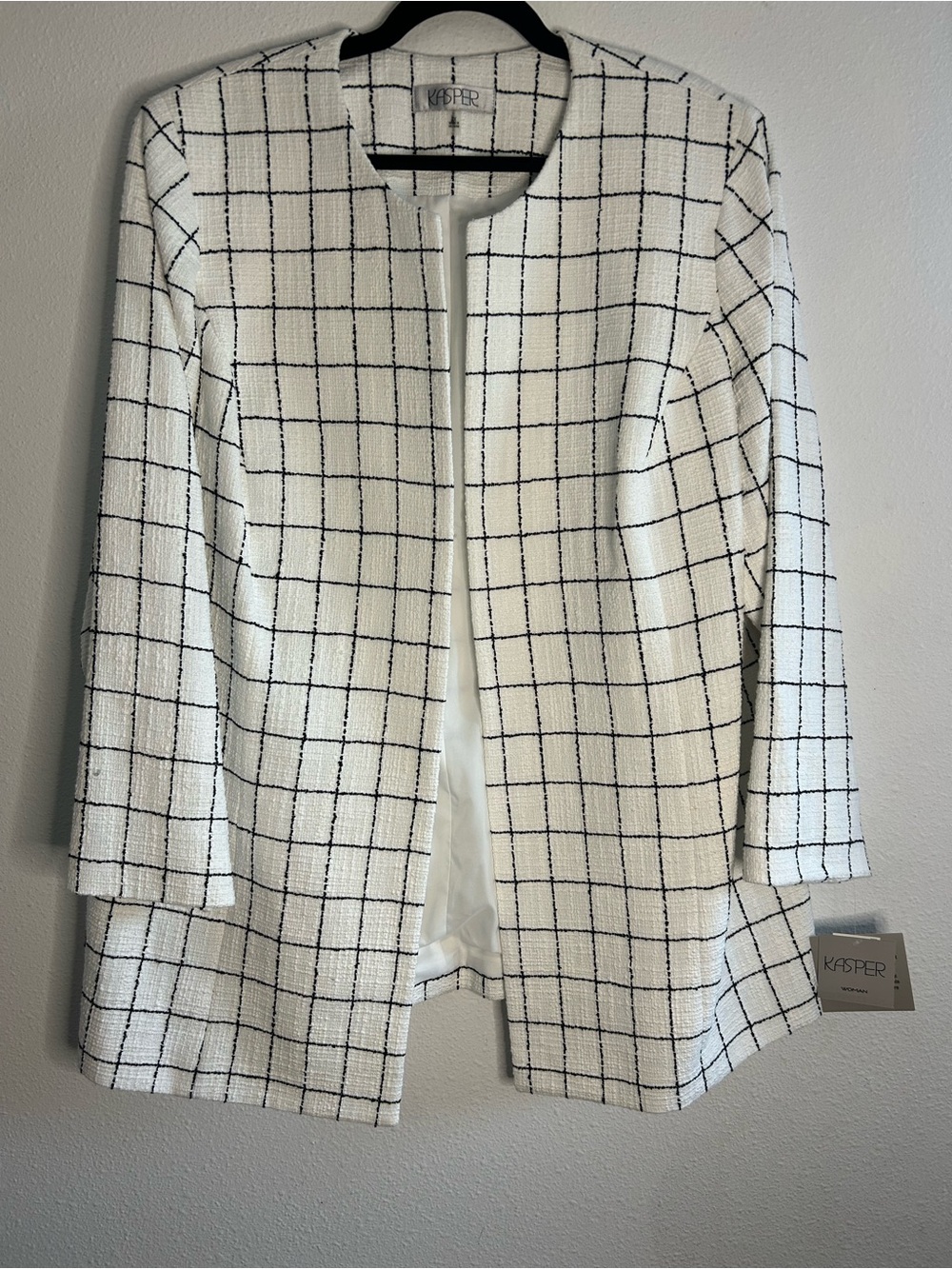 Kasper White Windowpane Open-Front Coat